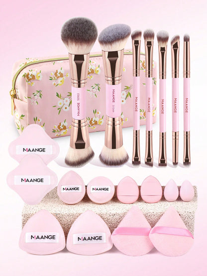MAANGE 2pcs Makeup Tools Set Twin Head Makeup Brush Set With Blush Brush Foundation Brush Finishing Brush Loose Powder Brush Makeup Tools For Traveling