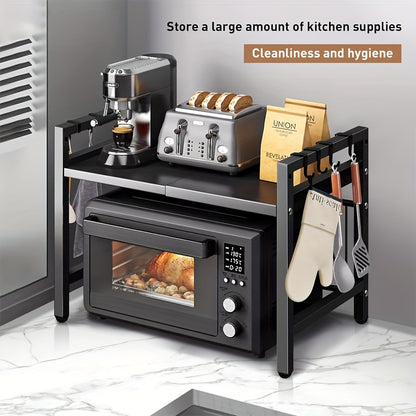 Microwave Stand, Expandable Carbon Steel Heavy Duty 2-Tier Shelf, 55lbs Weight Capacity, 6 Hooks, for Kitchen Shelves Counter Top Organizer Utensils Tableware Storage, Bakers Rack