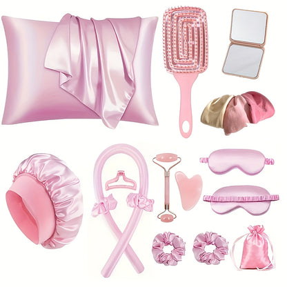 17pcs Sleep Hair Tool Set, 4pcs Curler Set, 2pcs Facial Massager, 2 Hair Bands, 3 Hair Ties, 1 Comb, 1 Mirror, 1 Soft Sleep Eye Mask, 1 Satin Sleep Cap, 1 Satin Storage Pouch, for Hairstyles And Light Beige Queen Set