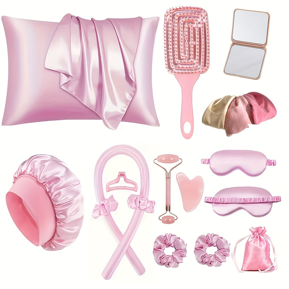 17pcs Sleep Hair Tool Set, 4pcs Curler Set, 2pcs Facial Massager, 2 Hair Bands, 3 Hair Ties, 1 Comb, 1 Mirror, 1 Soft Sleep Eye Mask, 1 Satin Sleep Cap, 1 Satin Storage Pouch, for Hairstyles And Light Beige Queen Set