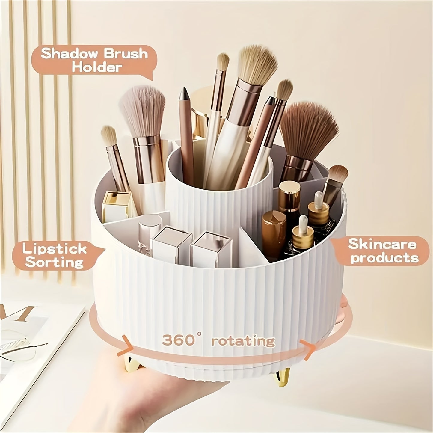 360° Rotating Makeup Organizer - 1pc Plastic Cosmetic Storage with 5 Compartments - Multi-Functional Holder for Brushes, Lipsticks, Light Beige Care Products, and Stationery - Durable Unscented Desk Caddy with Luxury Stripe Design, Perfume Organizer