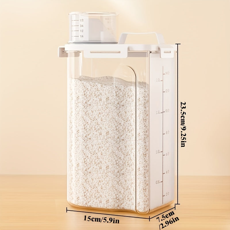 Set of 4, 5-Pound Rice Storage Containers with Airtight Seals, Designed for Dry Grains. These Transparent Plastic Boxes Feature a Pouring Spout And Are Suitable for Storing Grains, Meats, Flour, And Snacks.