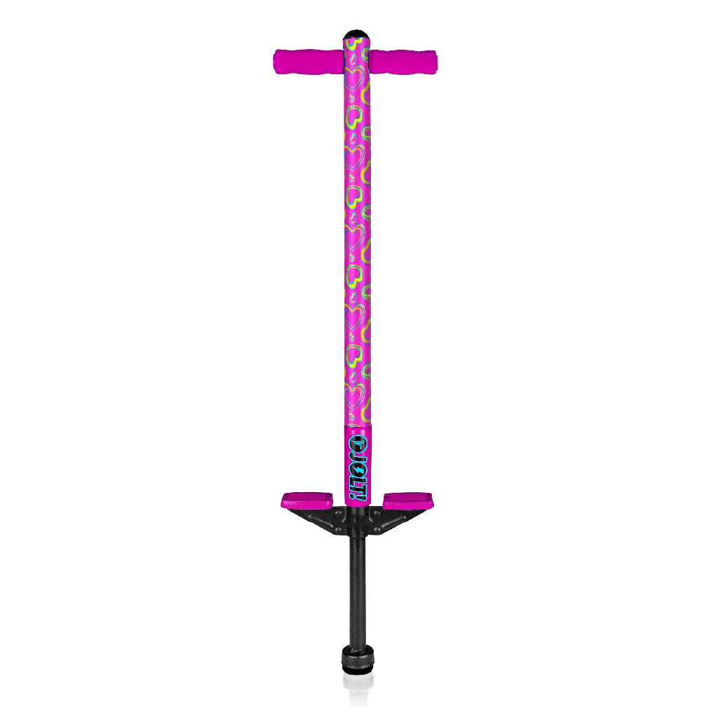 Flybar Jolt Pogo Stick for Kids, Perfect for Beginners w/Foam-Covered Metal Frame, Handles & Padding, Non-Slip Foot Pads, Wide Tip, Outdoor Active Play Toy for Boys & Girls, Ages 6+, Pink Hearts