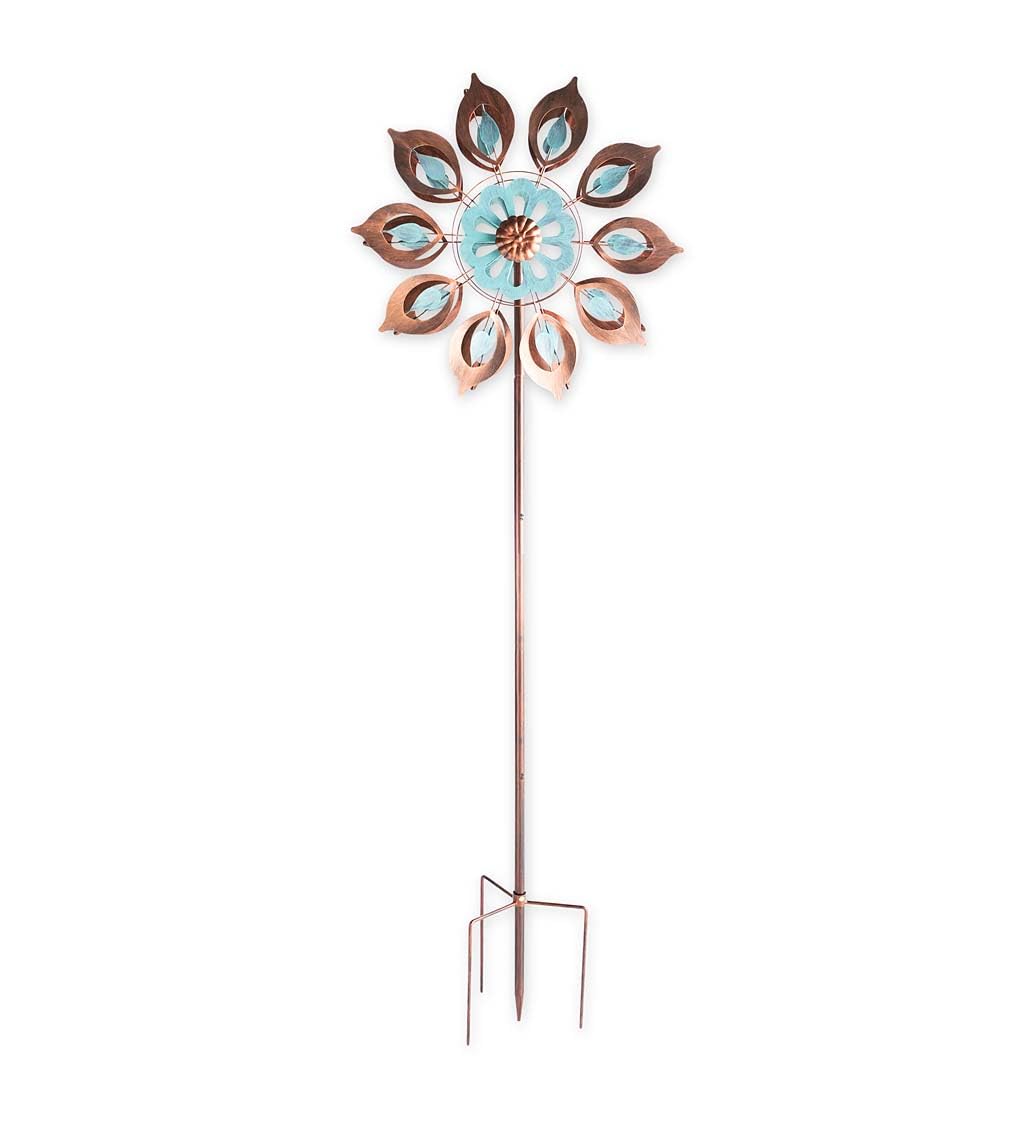 Mesmerizing Copper Lily Wind Spinner Dual-Tone | Petal-in-Petal Design | Independent Rotors | Brushed Copper & Antique Blue |All Seasons | 24" Wx75 H