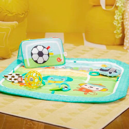 Bright Starts Grip & Kick Oball Activity Gym, Soccer Theme with Easy-Grasp Baby Toys, Baby Play Gym, Kick Pad with Activated Lights & Tummy Time Pillow, Unisex, Newborn+