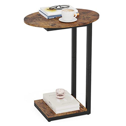 Hosfais Side Table Small End Table, C-Shaped Wood Sofa Table with Metal Frame for Living Room, Bedroom, Small Spaces (Rustic Brown)