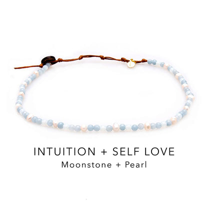 Lotus and Luna 4MM Energy Chakra Healing Necklace with Real Stones Jade, Pearl, Rose Quartz, Amethyst, Moonstone (Intuition + Self Love)