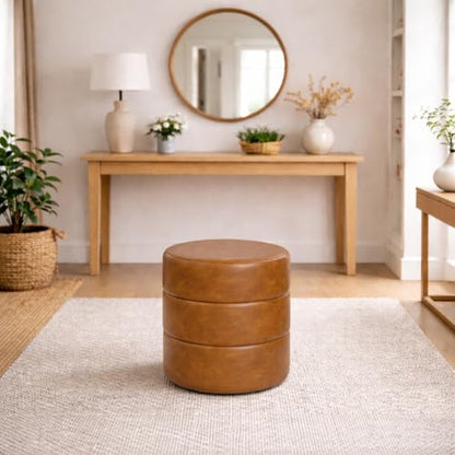 HomePop Upholstered Faux Leather Round Ottoman (No Lid, Seat Only) | HomePop Home Décor | Round Pouf Foot Rest – Camel Brown Faux Leather