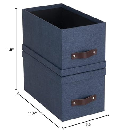 Bigso Silvia Organizational Storage Box with Leather Handle for Shelves and Stacks Easily - Durable and Decorative Storage Boxes with Lids - 5.9 in x 6.5 in x 11.6 in - 2 Pack - Blue