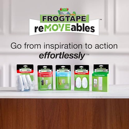 FrogTape reMOVEables Heavy Duty Wall Hooks - 8 Hooks and 12 Strips - Holds up to 3 lbs - No Damage - Easy to Remove & Reuse - Medium Wall Hook with Adhesive Strips - White (Pack of 8)