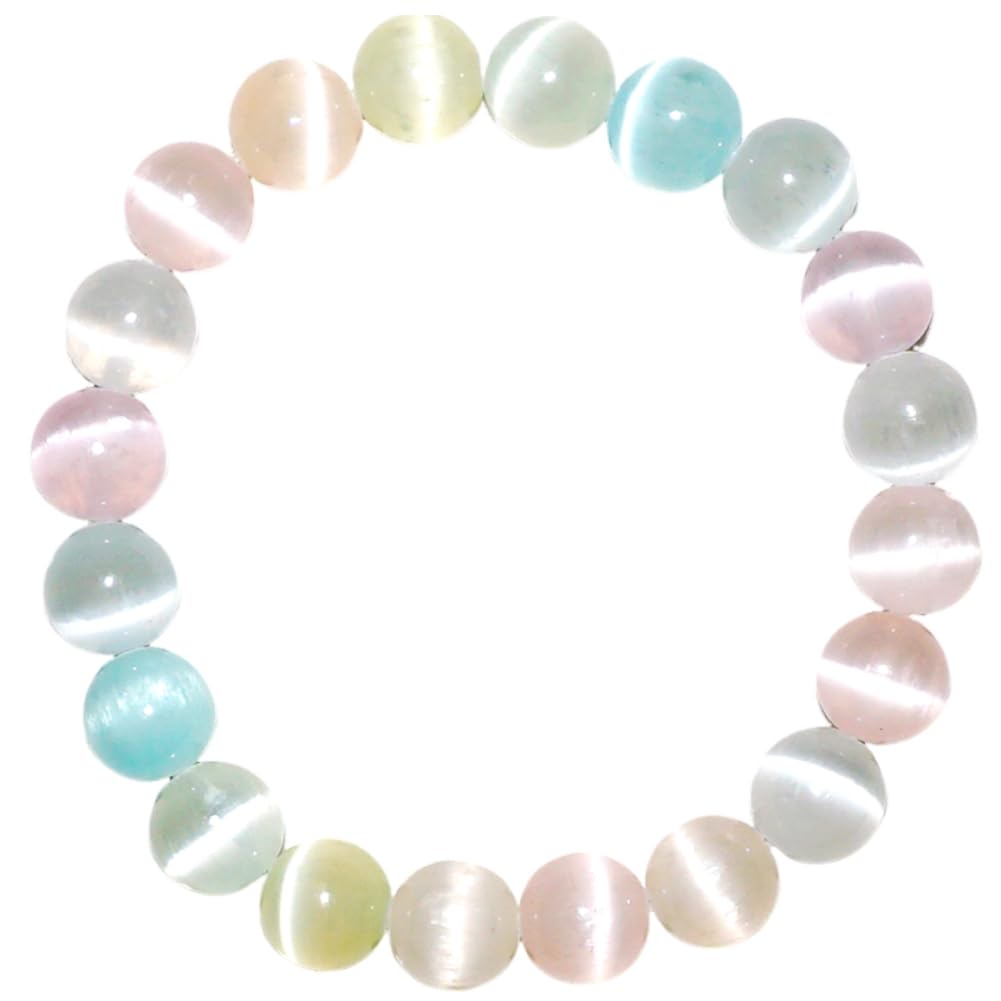 10mm Macaron Selenite Bracelet - Multi-Color Natural Crown Chakra Crystal | Handmade Sweet Color Meditation Bracelet with Cat-Eye Effect | Beading Tool Kit - Adjust to 6.5-7.5 inches Wrist Size