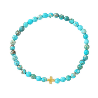 SHINUS BOHO Dainty Cross Healing Crystal Beaded Stretch Bracelet for Women,Handmade Bohemian Powful Turquoise Stones Claming Bracelet Trendy Birthday Christian Catholic Jewelry Gift Sister Friendship