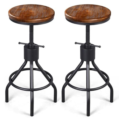 LOKKHAN Set of 2 Industrial Bar Stool-Height Adjustable Swivel Wood and Metal Bar Stool,Farmhouse Stool,Extra Tall Pub Height,23"-29"