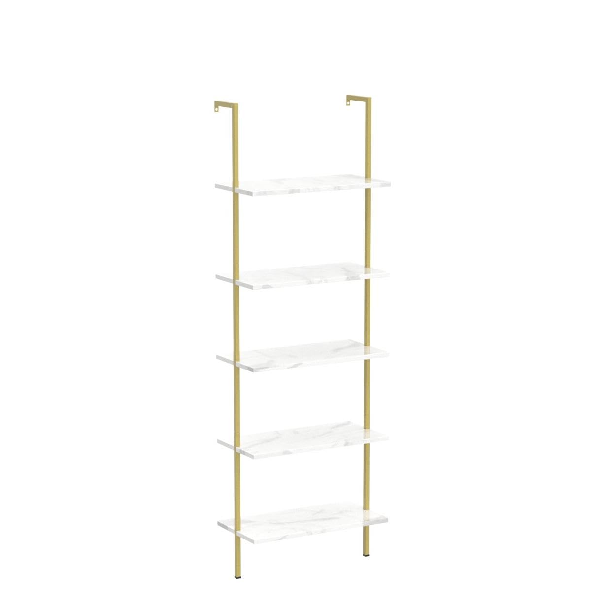 aboxoo Ladder Shelf 2PCS White Marble Bookshelf 5-Tier Wall-Mounted Wood Rack Open Industrial Modern Plant Flower Stand Utility Organizer Bookcase Metal Frame Furniture Office Kitchen Bedroom