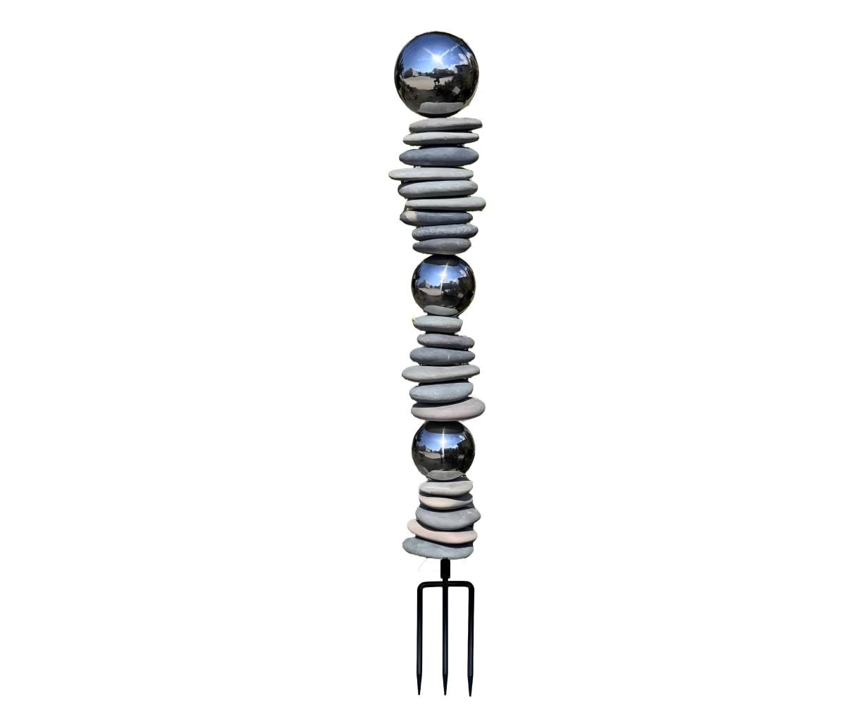 Wensign Zen Garden Ourdoor Decor - 32" Rock & Stainless Steel Sphere Sculpture Stake, Modern Yard Art for Landscape, Patio, or Pathway