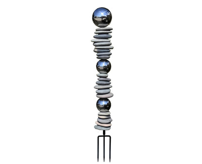 Wensign Zen Garden Ourdoor Decor - 32" Rock & Stainless Steel Sphere Sculpture Stake, Modern Yard Art for Landscape, Patio, or Pathway
