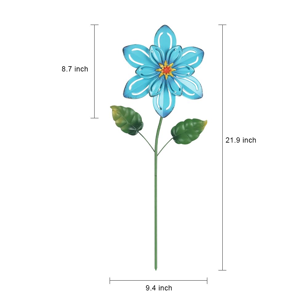 hogardeck Metal Flower Decorative Garden Stakes, 2 Pack 22" Outdoor Garden Decor with Shaking Flower Head Yard Stakes, Yard Art Spring Decorations for Patio Lawn (Blue & Red)