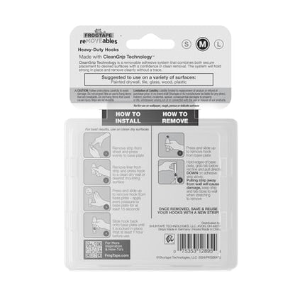 FrogTape reMOVEables Heavy Duty Wall Hooks - 8 Hooks and 12 Strips - Holds up to 3 lbs - No Damage - Easy to Remove & Reuse - Medium Wall Hook with Adhesive Strips - White (Pack of 8)