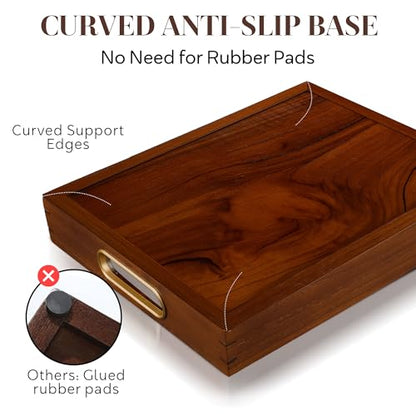 Jack & Juliet Teak Wood Ottoman Tray – Large Wooden Multifunctional Tray with Real Brass Handles - Non Slip Base in Food-Safe Finish - Gift-Ready Packaging for Coffee Table and Home Decor (Walnut)