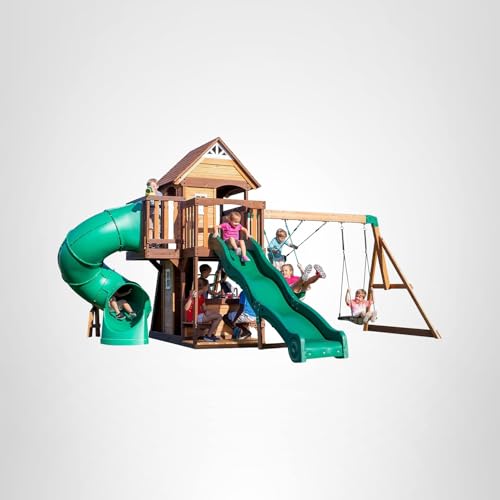 Backyard Discovery Cedar Cove Wood Swing Set with Spiral Tube and Wave Slide, Clubhouse, Toy Grill, Snack Bar, Rock Wall, Belt Swings, Web Swing, Balcony,Chalkboard, Ladder,Outdoor Playset 10 Years