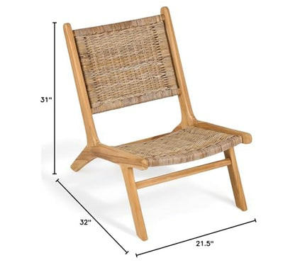 TeakCraft Teak Rattan Lounge Chair – Mid Century Modern Accent Chair, Solid Teak Wood, Natural Rattan, Boho & Scandinavian Style Seating for Living Room, Bedroom, Patio – Easy Assembly, The Vega