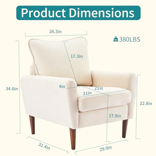OLIXIS Comfy Accent Chair for Living Room Bedroom and Waiting Room, Upholstered Mid-Century Reading Chair with Pillow and Solid Wood Legs, Wide Singe Modern Lounge Sofa (Beige)