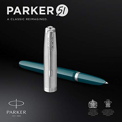 Parker 51 Fountain Pen Teal Blue Barrel with Chrome Trim Fine Nib with Black Ink Cartridge Gift Box