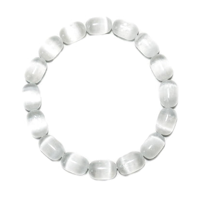 TaHLga Natural Selenite Crystal Bracelet for Women Men |8x12mm White Cylinder Beads | Crown Chakra Stone with Leather Pouch, Gift Box & Repair Kit | Fits about 7.5 inch Wrist