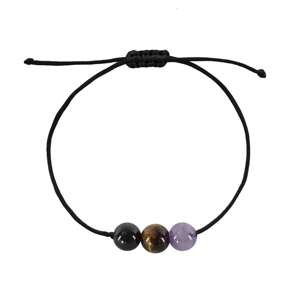 BOHO GARDEN Healing Crystal Bracelet for Removing Negativity - Spiritual Beaded Bracelets - 3 Real Natural Gem Stones, Adjustable 3-9.7” Rope - Gemstone Jewelry for Men, Women, Teens (13+) - 8mm Bead