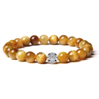 MetJakt Healing Crystals Beaded Bracelets for Womens Natural Gemstone 8mm Beads Stretch Bracelets with 925 Sterling Silver Double Happiness Pendant (Golden Tiger Eye)