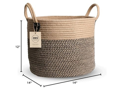 ZOES HOMEWARE 14"x12" Natural Jute Rope Woven Storage Basket with Handles for Plant, Blankets,Toys,Clothes,Shoes - Living Room Home Decor,Multifunctional Basket for Organizer,Picnic,Artificial Tree
