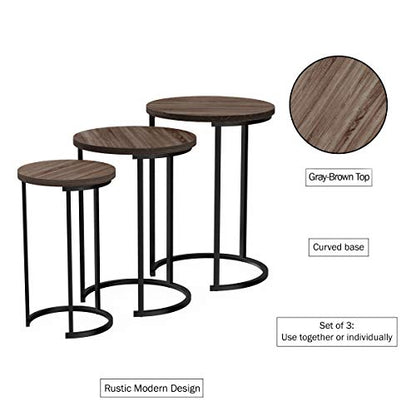 Lavish Home Nesting Tables - Set of 3 Round Side Tables for Living Room, Bedroom, or Home Office - Woodgrain-Look End Table Set - Modern Living Room Furniture (Gray/Brown)