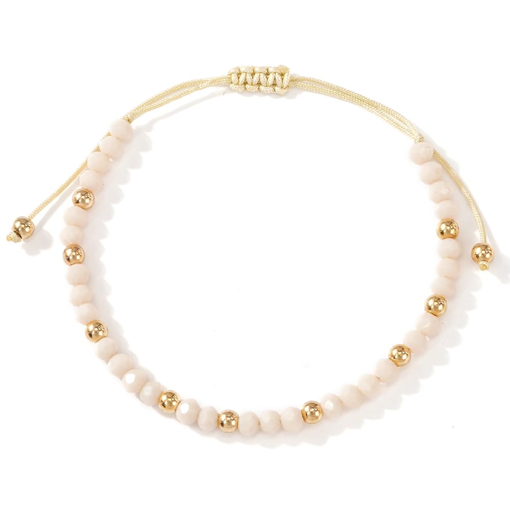 Opalencian Gold Plated Beaded Drawstring Adjustable Bracelet for Women, White Beads Bracelets Charm Couple Handmade Fashion Jewelry Gift