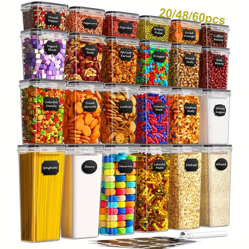 20/48/60pcs Food Storage Container Set, Fresh-Keeping Boxes, Easy-to-Secure Lids - Airtight Plastic Containers, Suitable For Pantry, Travel, Outdoor Picnics, Kitchen Organization, Comes With Labels And Marker(24/30 Lids + 24/30 Containers).