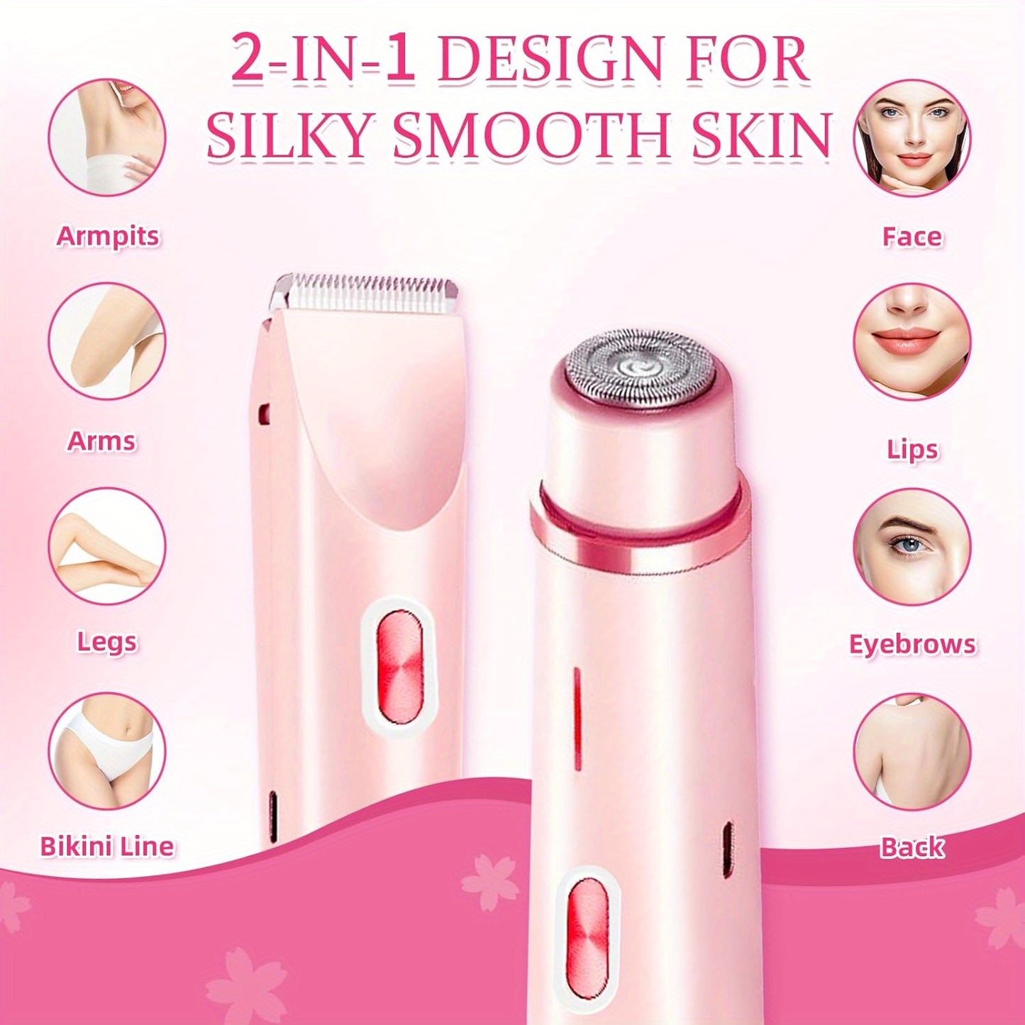 Women's 2-in-1 Dual-Head Electric Bikini Trimmer & Facial Shaver - USB- Wet/Dry Epilation Device Suitable for Bikini, Underarms, Legs, Arms, Face - Long-Lasting Battery, Body Hair Removal Tool with Ergonomic Grip