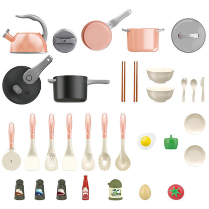 Bruvoalon 32Pcs Kids Play Kitchen Toys Set, Toddlers Pretend Cooking Playset Acccessories with Pots Pans, Utensils Cookware, Foods, Canned Veges, Learning Gift for Kids Girls Boys (Pink)