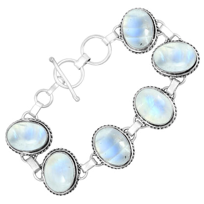 Natural Moonstone Silver Plated Handmade Link Bracelet for Women - White Stone Oval Shape Gemstones June Birthstone Adjustable Bracelet - Wedding Gifts for Her