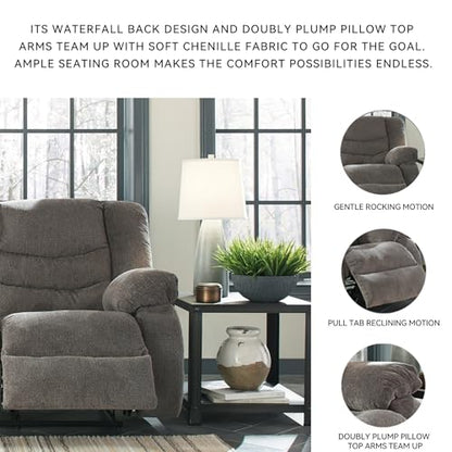 Signature Design by Ashley Tulen Contemporary Rocker Recliner, Gentle Rocking Motion, Pull Tab Reclining, Fabric Upholstery, 39" W x 40" D x 40" H, Dark Gray