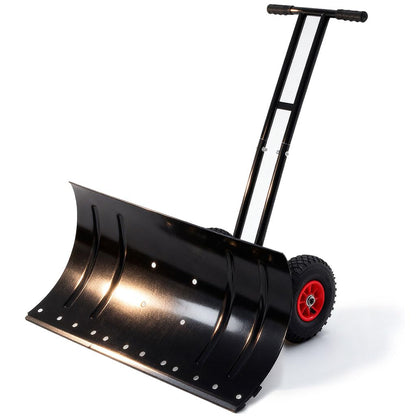 Heavy-Duty Snow Shovel with Wheels, 30" Wide Metal Snow Pusher with Adjustable Height & Angle Handle, Carbon Steel Blade, Ergonomic Double-Rod Design for Driveway, Sidewalk, and Path Snow Removal
