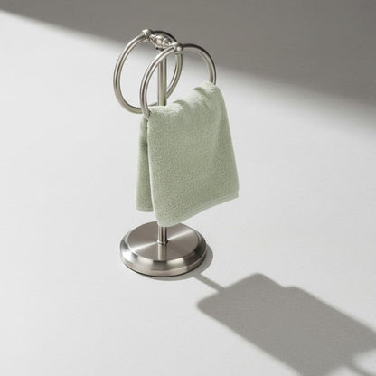 J&V TEXTILES Steel Towel Rack Holder Stand with 2 Hanging Rings for Bathroom Vanity Countertops - Space Saving Hand Towel Holder (Brushed Satin Nickel)