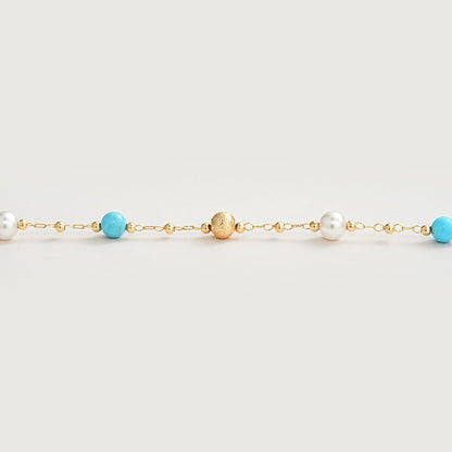 MEVECCO Gold Bracelet for Women 18K Gold Plated Pearl Turquiose Stone Custom Handmade Mixed Beaded Charm Chain Bracelet Stack Jewelry Gifts