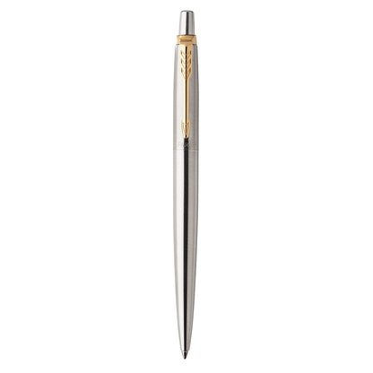 Parker Jotter Ballpoint Pen, Stainless Steel with Golden Trim, Medium Point, Blue Ink, Gift Box - Smooth Writing, Sleek, Polished, Professional, Desk Essentials