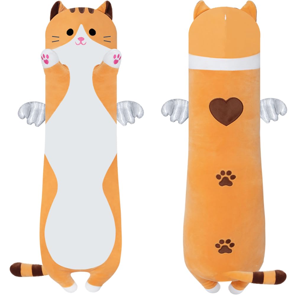 SNOWOLF Cute Long Cat Plush Body Pillow, Kawaii Cat Plushie Toys Cuddle Cartoon Stuffed Animals Soft Kitten Throw Pillow Doll Gift for Kids Girls Boys (43.3", Orange)