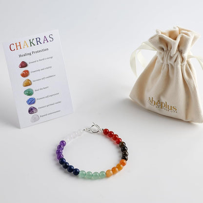 Sheplus Relaxation Gifts for Women - 7 Chakra Gemstone Bracelet for Women Men, Natural Crystal Beads with 925 Sterling Silver Toggle Clasp,Yoga Meditation Energy Jewelry