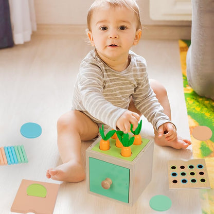 Adena Montessori Play Kit for 13-18 Month Baby,8 in 1 Toy,Colorful Stacking&Nesting Cup,Coin Bank,Coins,Carrots Lid,Carrots,Posting Lid,Flexble Stacker,Bead Kit,Shape Puzzle,Pound&Tap Hammer Bench