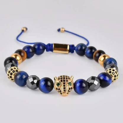 Blue Tiger Eye, Hematite CZ Leopard Charm Bracelet for Men and Women 8mm Natural Stone Beads Healing Crystals for Confidence Protection Focus Grounding Adjustable Braided Cord Spiritual Meditation Jewelry Yoga Gift Anxiety Relief Mindfulness Accessory Uni