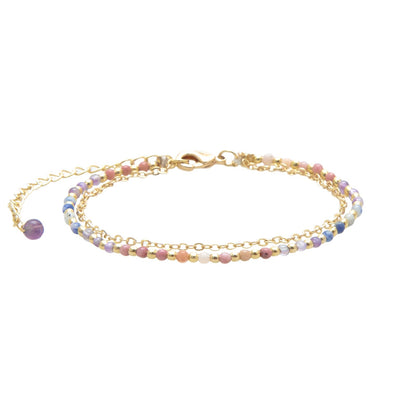Lotus and Luna Energy Healer Beaded Healing 2mm Layered Bracelet in Gold with Real Stones Amethst, Sodalite, Rhodolite, Pink Aventurine (Energy Healer Yellow Gold)
