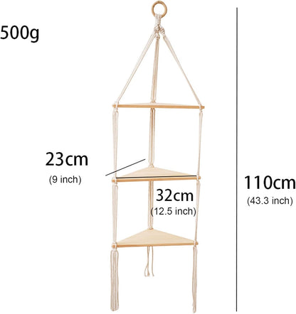 WKHOKI Hanging Shelf with Natural Wood, 3-Tier Rope Shelf | Handmade Boho Wall Decor for Floating Display, Ideal for Plants, Photos & Storage in Bathroom, Bedroom, Living Room & Nursery