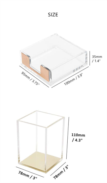 MEI YI TIAN Gold Memo Pad Holder Pencil Cup Set Self-Stick Notes Cube Tray Glitter Desktop Accessories Dispenser for Office Home School Stationery Makeup Brush Organizers (Gold & Clear)