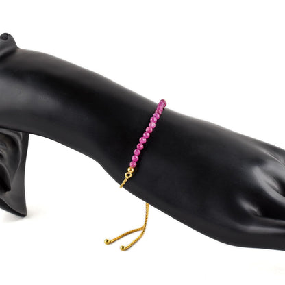 InfinityGemsArt Ruby Bracelets For Women, July Birthstone, Pink Beads Beaded Stone Bolo Slider Crystals Gemstones, 14K Gold Plated Adjustable Chain, Mother's Day Jewelry For Her